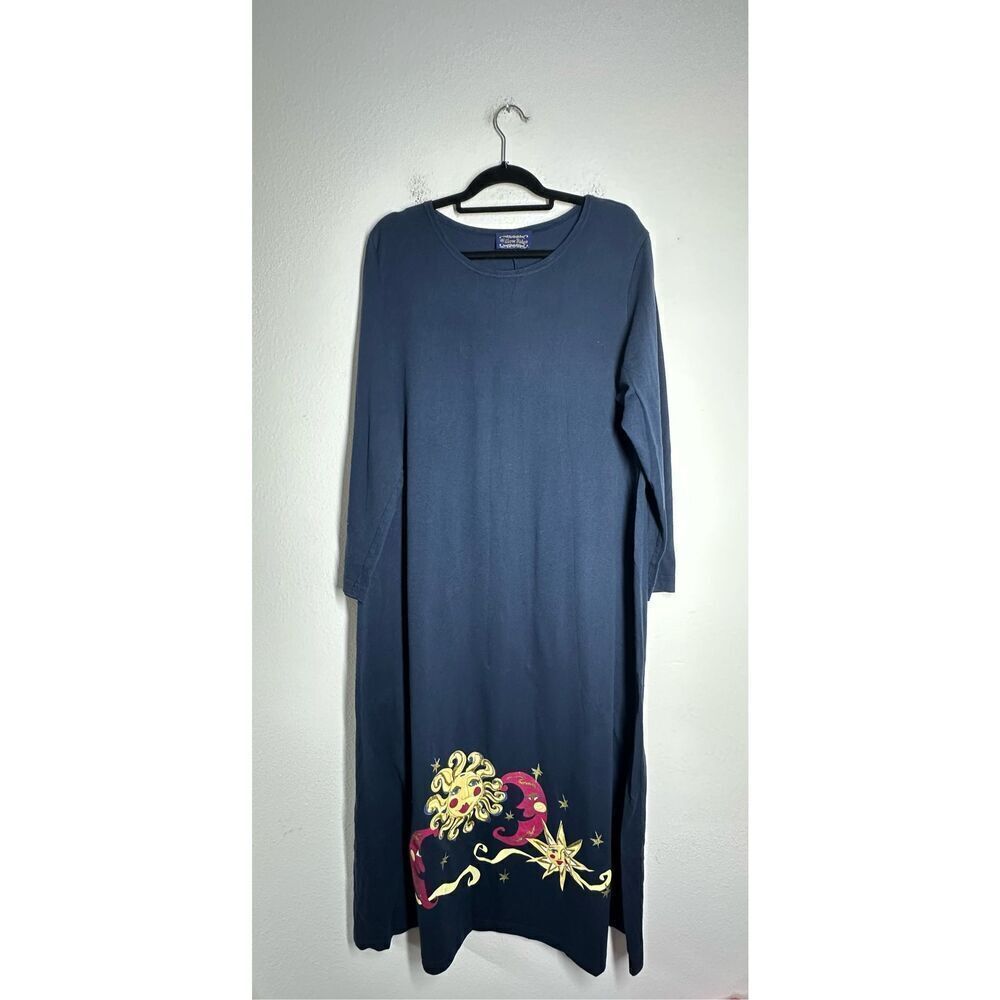 Willow Ridge Vintage 90s Celestial Sun Moon Blue Long Sleeve Maxi Dress Size 1X
